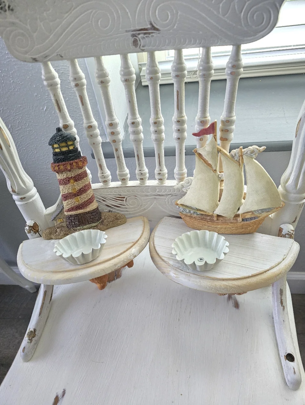 Nautical Lighthouse and Sailboat Wall Shelves in Cream & Tan